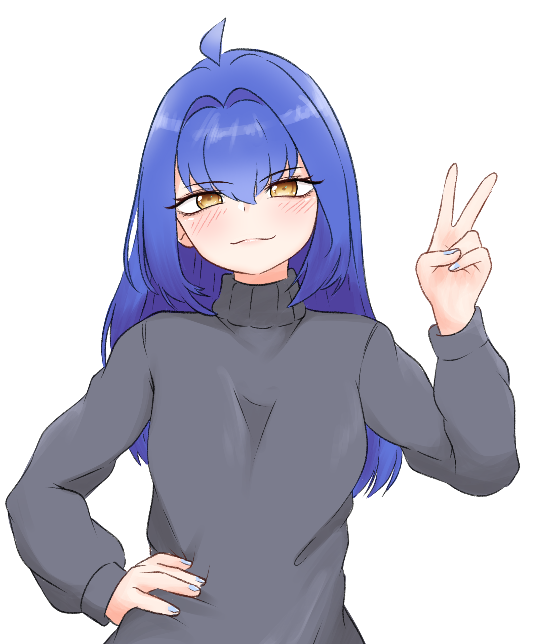 Smug face blue haired OC making a peace sign with her left hand
